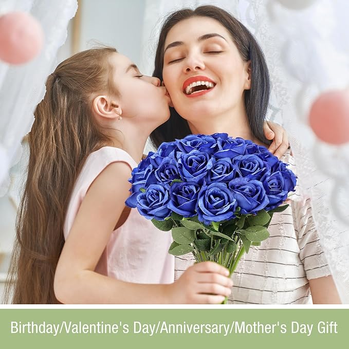 30 Pcs Rose Artificial Flowers in Bulk Real Touch Long Stem Silk Roses Bouquets Realistic Faux Flowers for Wedding Bridal Shower Home Decor Floral Arrangements Table Centerpiece(Royal Blue)