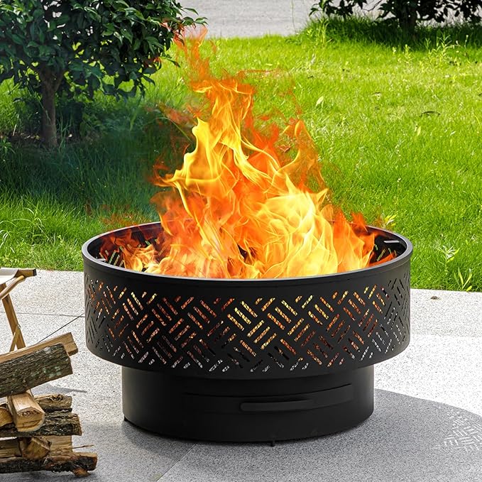 OutVue 32" Wood Burning Fire Pits with Grill & Lid, Fire Pit Table for Outside with Waterproof Cover & Fire Poker, Outdoor Firepit with Functions for BBQ,Table and Bonfire
