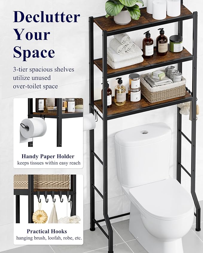 Kitsure Over The Toilet Storage Cabinet, Sturdy Bathroom Organizer, Easy Assembly, 3-Tier Shelf (61" H), Space Saving Storage for Small Bathroom, Heavy Duty Metal Frame, Brown & Black