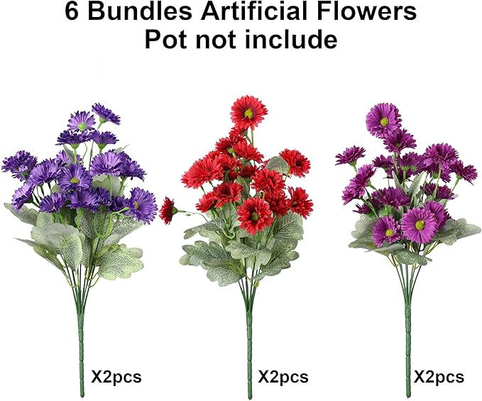 HyeFlora Dahlia Artificial Flowers for Outdoors Decoration, 6 Bundles Fake Daisy Faux Flowers Plants Realistic UV Resistant Silk Flowers for Outside Planter Front Door Yard Garden Indoor Home, Mix