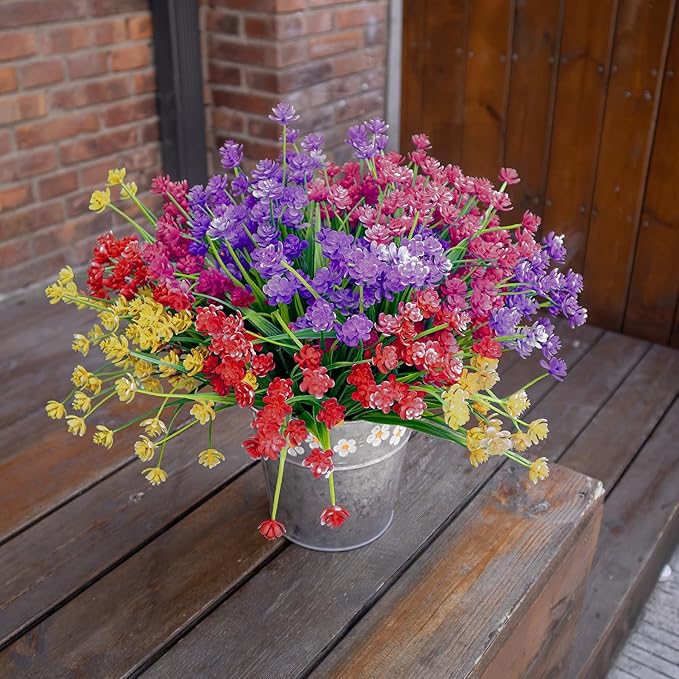 Artificial Flowers, 12 Bundles UV-Resistant and Not-Fading PE Faux Plants Flowers for Outdoor Planters Home Garden Porch Wedding Décor, Yellow Purple Pink Red