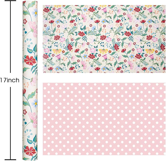 Merture Floral Wrapping Paper Roll with Pink Polka Dots Reverse- 17 In X 32.8 Ft(46.5 sqft) Vintage Warm Flower Design Gift Wrap for Mothers Day, Valentines Day, Birthday, Wedding, Anniversary