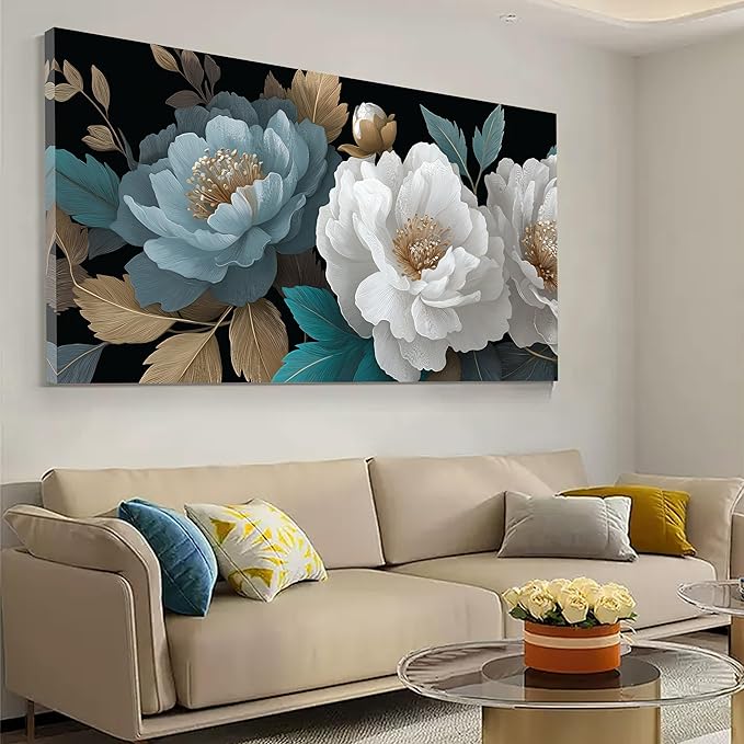 Tarfupth Large White Flower Canvas Wall Art for Bedroom Teal Botanical Gold Artwork for Living Room Office Kitchen Home Modern Canvas Prints 29x58 Inch