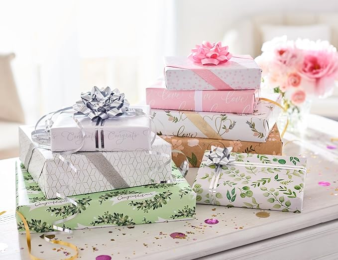 American Greetings 160 sq. ft. Reversible Wrapping Paper Bundle for Weddings, Bridal Showers and All Occasions, Greenery and Love Text (4 Rolls, 30 in. x 16 ft.)