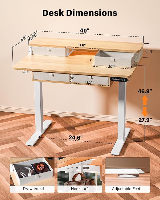 FiCiHi Adjustable Height Standing Desk with 4 Drawers,40 x 24 inches Electric Sit Stand Home Office Desk with Two Tiers, 3 Memory Presets, Monitor Stand Riser, C-Clamp Mount Compatible