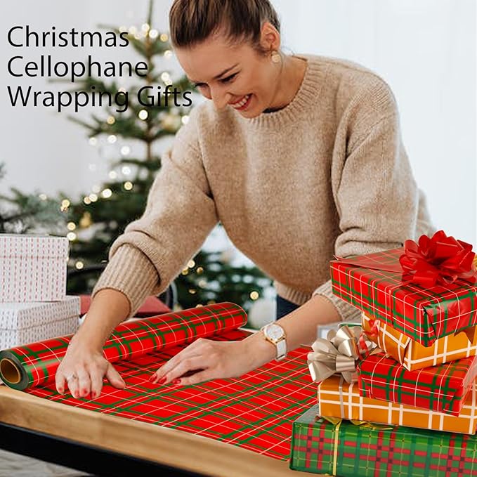 CMFYHM Christmas Cellophane Wrap Roll (34" x 100’Ft) 3 Mil Thicken Long Film Gift Wrappings for Baskets, Box,Wine, Christmas Decor(Red,Green,White)