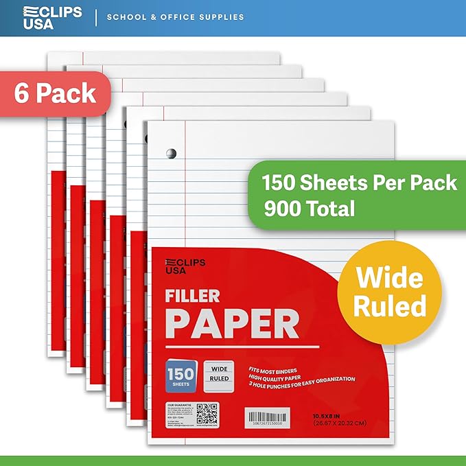 Wide Ruled Loose Leaf Paper Wide Ruled Notebook Paper Lined Writing Filler Paper 10.5” x 8” 56 gsm 900 Sheets 150 Sheet Per Pack (6 Pack)