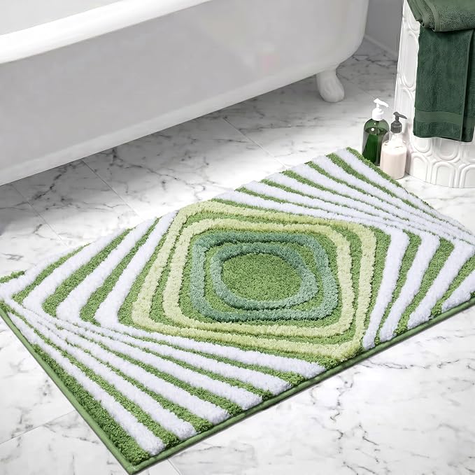 Funky Green Bathroom Rug, Non Slip Plush Microfiber Absorbent Bath Mat with 3D Striped Pattern, High Pile Tufted Shower Rug for Sink, Toilet, Tub, Machine Washable, 16"x24"