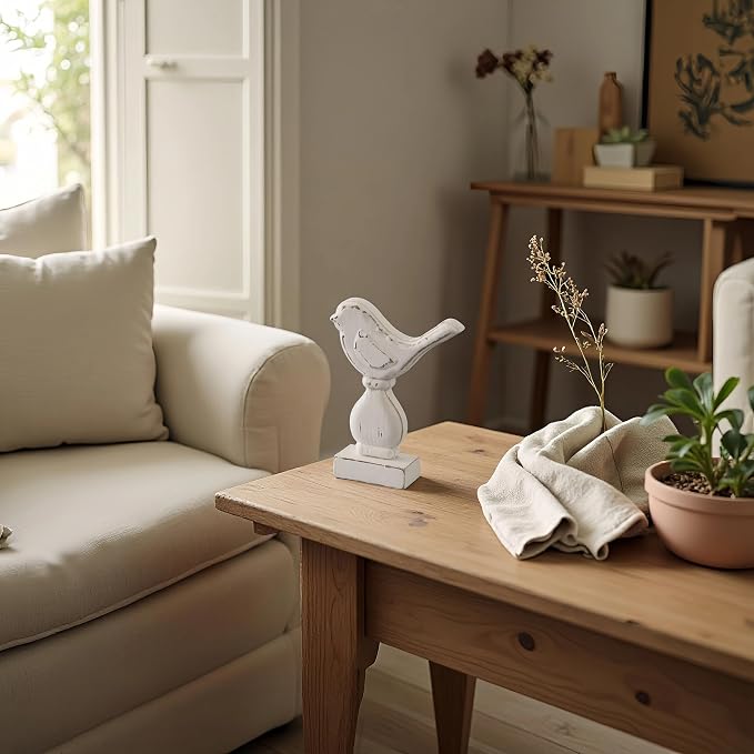 Farmhouse Small Bird Figurines Home Decor for Shelf 6 X 8 Inch, Handmade Distressed White Wooden Decorative Birds Statue Table Decorations for Foyer Dining Room Living Room Bedroom