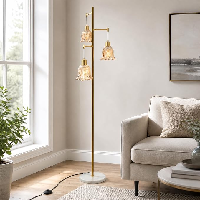 Gold 3-Light Glass Flower Floor Lamp, Mid Century Modern Brass Tree Standing Lamp, Vintage Boho Farmhouse Tall Floor Lamps for Living Room Bedroom Home Office