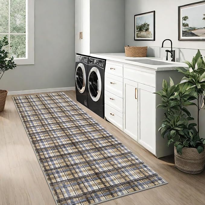 Washable Rugs 2x6 Runner Rug Modern Bordered Bathroom Rugs Non Slip Kitchen Runner Low Pile Entryway Rug Soft Runners Stain Resistant Carpet for Laundry Hallway Bedside 2'x6' Blue&Camel