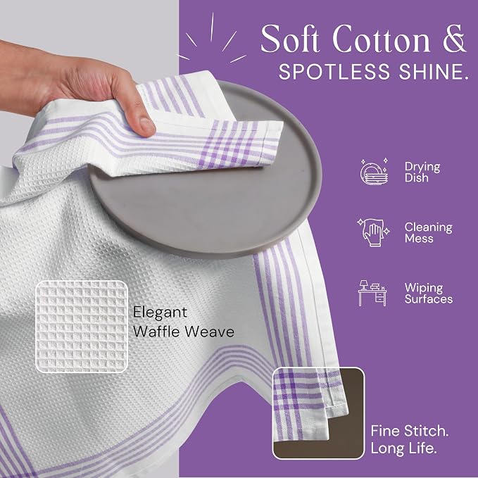 Waffle White & Lavender Kitchen Dish Towels 4 Pack, 100% Cotton, 16"x26", Thick Hand Towel for Drying Dishes, Quick Dry Washcloths, Perfect for Bar, Cooking, Serving, Cleaning