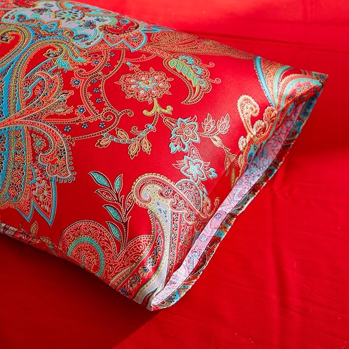 mixinni King Size Duvet Cover Set Paisley Light Blue Long Staple Cotton Percale Farmhouse Pattern Duvet Cover on Red Vintage Floral Bedding Comforter Cover with 2 Pillowcases Perfect for Him and Her