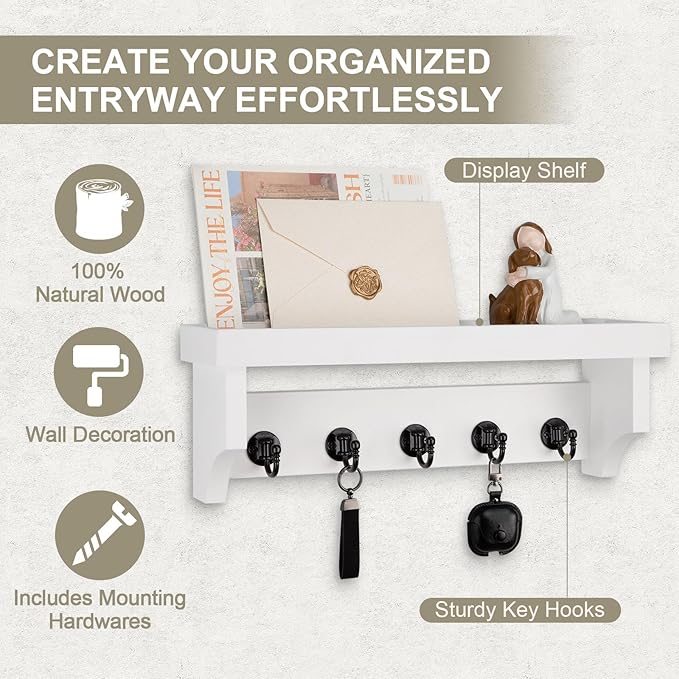 Lucundm Key and Mail Holder Wall Mount, Key Holder with Shelf and Mail Organizer Wall Mount. Mail Holder with 5 Hooks for Coat, Dog Leash, Home Decor Rack, Entry Way Organizer (White)