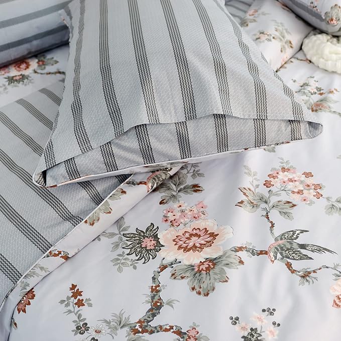 FADFAY Duvet Cover Set Elegant Floral Bedding Shabby Grey Bird Flower Quilt Cover Set Vintage Farmhouse Bedding 100% Cotton Comforter Cover Set with Zipper Closure 3Pcs, King/California King Size