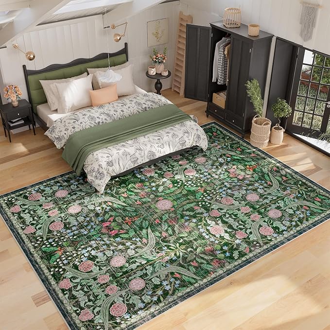 AMTOVO 6x9 Washable Area Rugs for Living Room, Non-Slip Large Soft Boho Floral Vintage Accent Print Carpet for Bedroom Dorm Nursery Room Dining Room Farmhouse Home Office, Dark Green