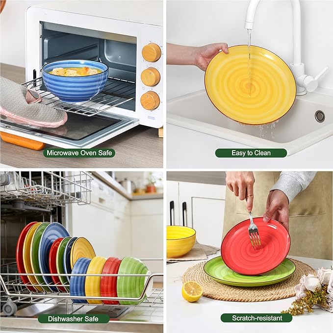 Selamica Ceramic Plates and Bowls Sets,32 Pieces Dinnerware Sets for 8,Scratch Resistant Dish Set for holiday gathering,Dishwasher & Microwave Safe, Dopamine Colors