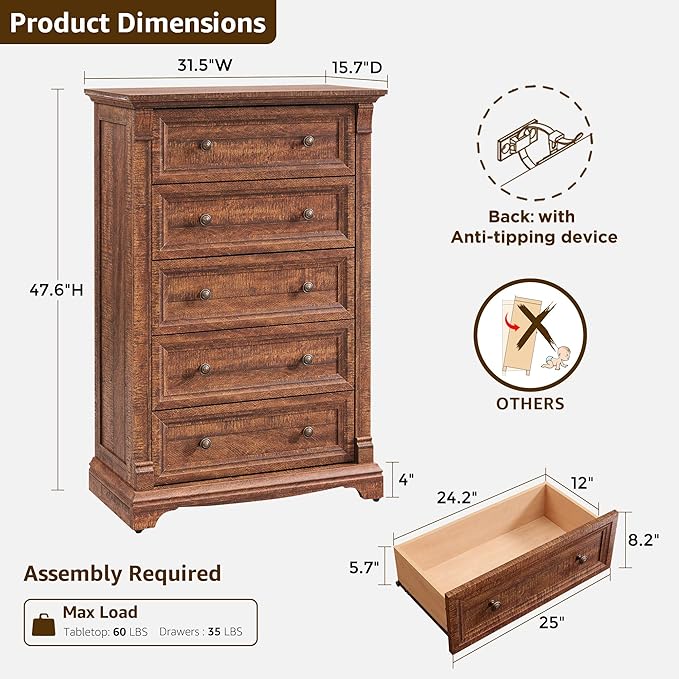 T4TREAM Farmhouse 5 Drawer Dresser for Bedroom, 47" Tall Wood Dresser with Ample Storage Space and Rustic Charm, Reclaimed Barnwood