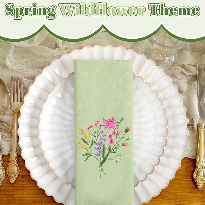Tioncy 12 Pcs Christmas Floral Cloth Napkins Decorations Bulk Embroidered Wildflower Dinner Napkins Tea Cocktail Party Gifts Xmas Stocking Stuffers for Holiday Table Decor (Sage Green)