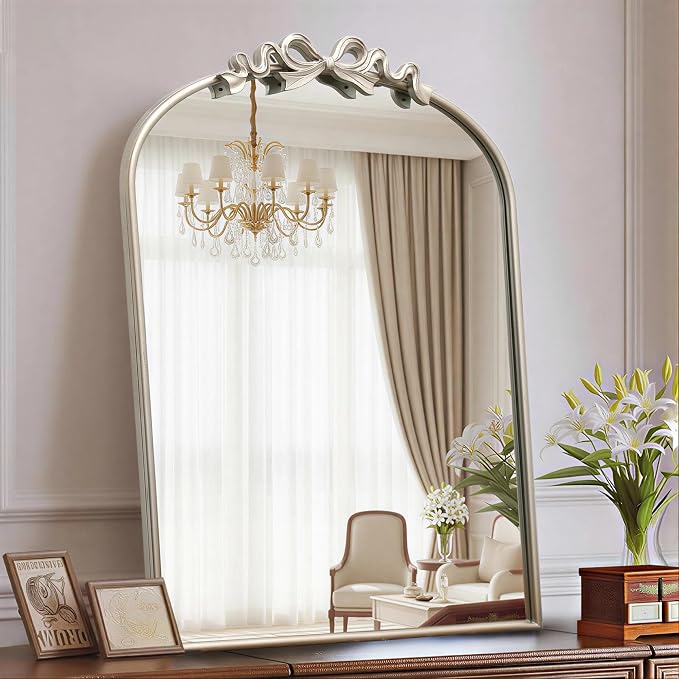 Besdomus Vintage Arched Wall Mirror: 24"x36" Large Champagne Silver Antique Bow Wall Mounted Mirror - Baroque Traditional Ornate for Entryway/Fireplace/Bathroom/Hallway - Wall Decor for Housewife