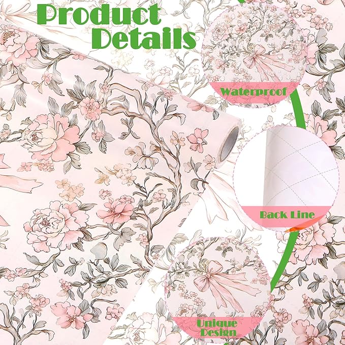 Ywdbzjhs 1 Roll Pink Bow and Flower Wrapping Paper Mini Roll - 17 In x 33 Ft - Coquette Vintage Floral Pink Bows Gift Wrap Paper for Christmas Birthday Wedding Baby Shower Engagement Bridal Shower