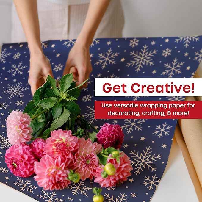 volila Brown Paper Roll - Kraft Paper Roll for Gift Wrapping Flower Boquet Craft Supplies - Wrapping Paper for Moving Packing Paper (Blue Snowflakes)