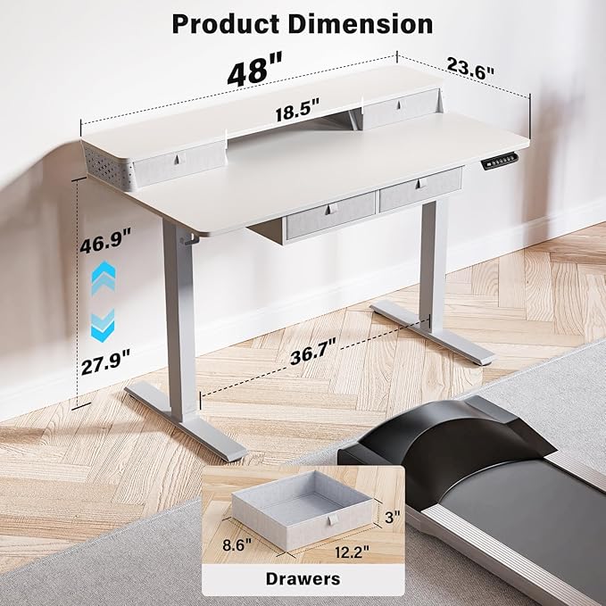 Electric Standing Desk with 4 Drawers 48''x 24'' Adjustable Height Sit to Stand Up Desk with Storage Shelf, C-Clamp Mount Compatible Black Home Office Desks Computer Gaming Table Ergonomic Workstation