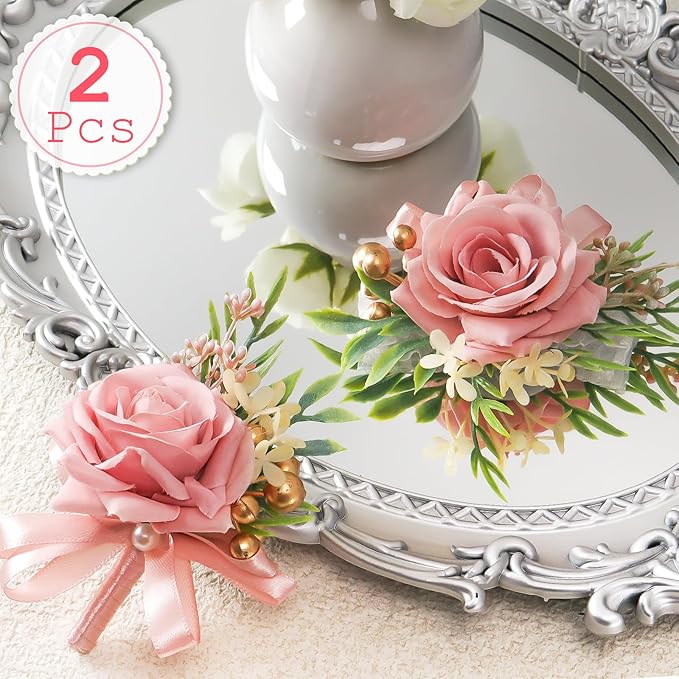 2 Pcs Pink Rose Wrist Corsage and Boutonniere Set, Rose Corsage Hand for Women, Boutonniere for Men Wedding Artificial Flowers Accessories Prom Decor, Wedding Party Accessories (Pink)