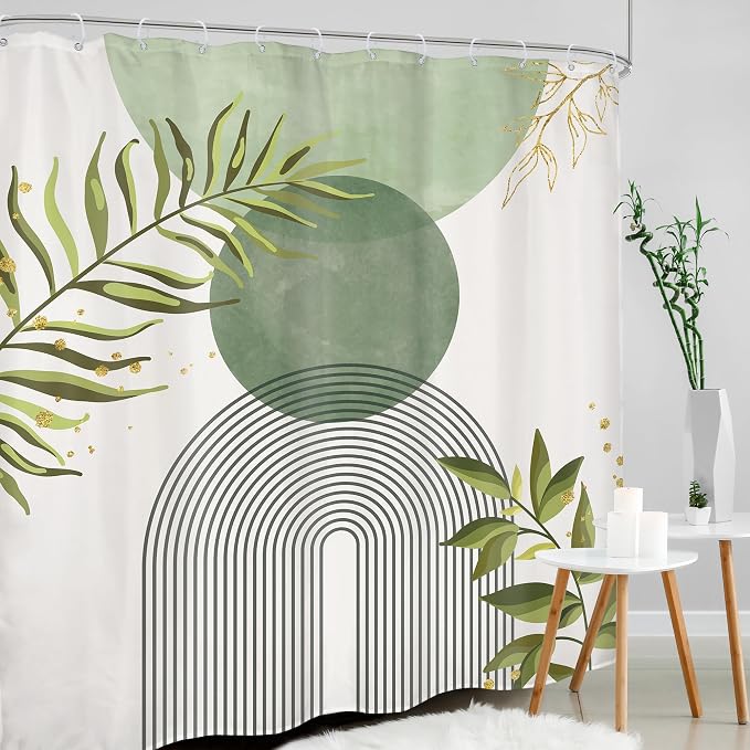Sage Green Boho Shower Curtain 72Wx78H Modern Bohemian Abstract Leaves Olive Dark Green Mid Century Plant Bathroom Decor Minimalist Geometric Arch Bath Curtain Fabric Polyester 12 Pack Hooks