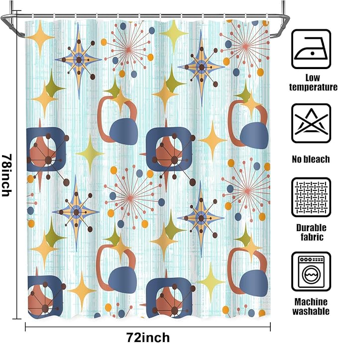 Mid Century Shower Curtain, 72x78inch, Modern Abstract Retro Blue Striped Geometric Shower Curtain Sets 1950s Boho Bathroom Shower Curtain with 12 Hooks