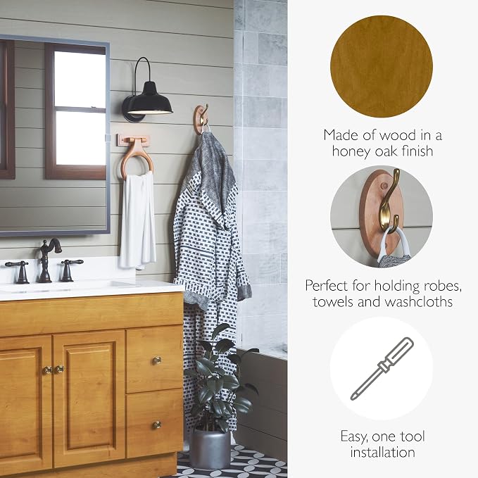 Design House Dalton Double Robe Hook, Wall Mount, Wood, Honey Oak, Easy Installation, 3.1 in H x 3.74 in W x 2.64 in L, Item 561217