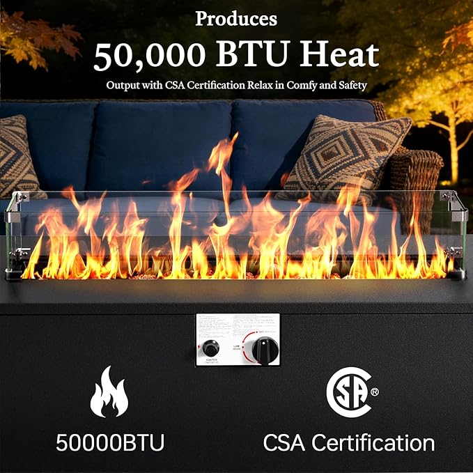 Belord 42 Inch Outdoor Propane Fire Pit - 50,000 BTU Iron Rectangular Fire Pit Table with Hidden Tank Table, CSA Certifed, Lid & Guard Glass, 2 in 1 Outdoor Gas Fireplace for Patio Deck, Black