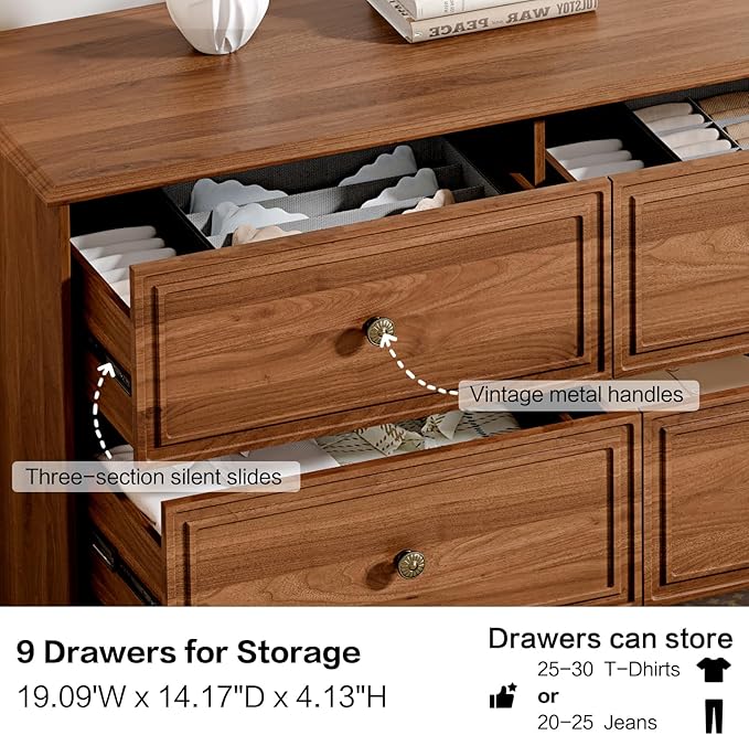 9 Drawer Dresser,63" Wide Mid Century Chest of Drawers,Wooden Bedroom Drawer Dresser with 9 Storage Drawers for Bedroom,Living Room,with Anti-Tipping Device,Umber.