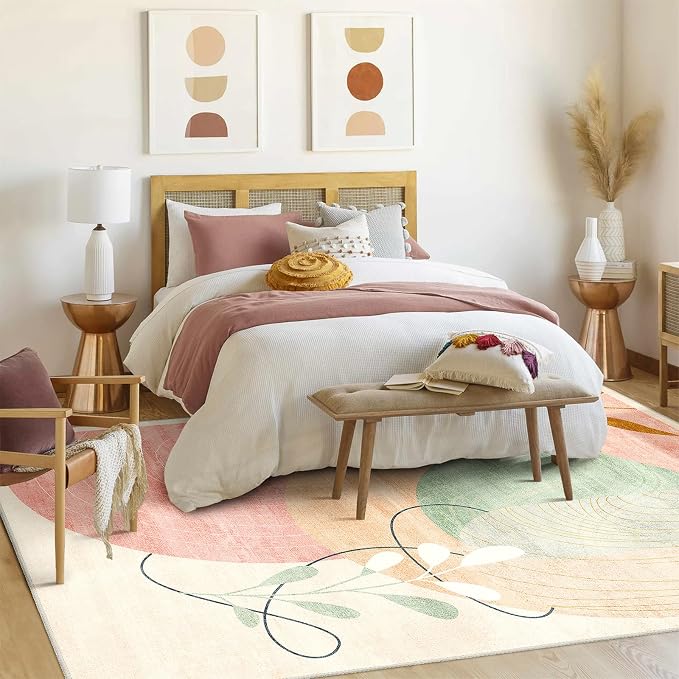 MUJOO Washable 8x10 Area Rugs for Living Room Bedroom Dining Room Large Boho Non Slip Carpet Indoor Mid Century Modern Abstract Botanical Geometric Pink