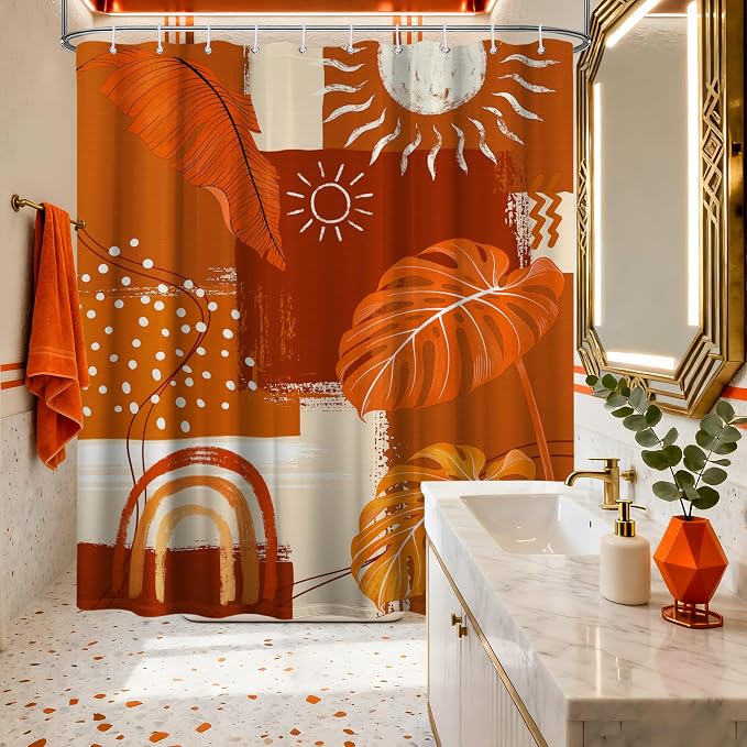 Small Stall Narrow Shower Curtain Burnt Orange Stand Up Mid Century Modern Leaf Shower Curtains for Rv Camper Bathroom Decor Sets, Waterproof Cloth Fabric with Hooks, 48 x 72 Inch