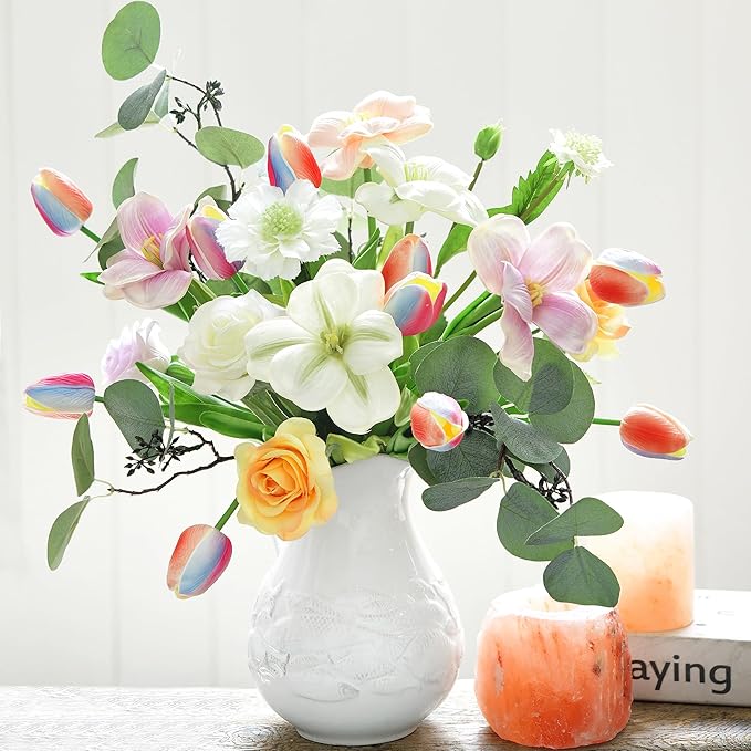 FiveSeasonStuff Real Touch Pastel Rainbow Gradient Tulips – 15 Stems Artificial Flowers with Multicolor Petals for Bouquets, Centerpieces, Home Decor, Spring & All-Season Arrangements