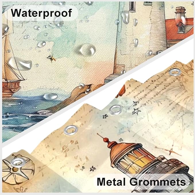 Nautical Shower Curtain Coastal Lighthouse Shower Curtains for Bathroom Waterproof Fabric Bath Curtain Decor with Hooks