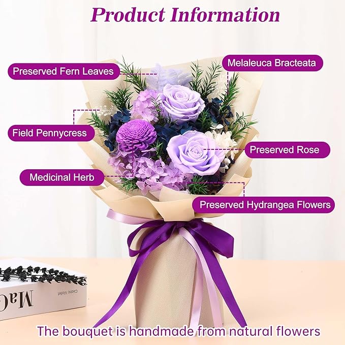 Jtoder Forever Flowers for Delivery, Preserved Blue Flower Bouquets, Long Lasting Purple Roses, Gifts Bouquet for Mother Wife Girlfriend on Festivals Birthday Anniversary