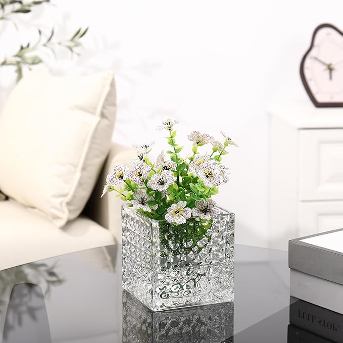 MARTAGE Square Vases Set of 6, 4" x 4" x 4" Square Glass Vases for Flowers, Clear Flower Vase for Centerpieces, Small Bubble Vase for Wedding, Party, Home, Office, Parties, Events