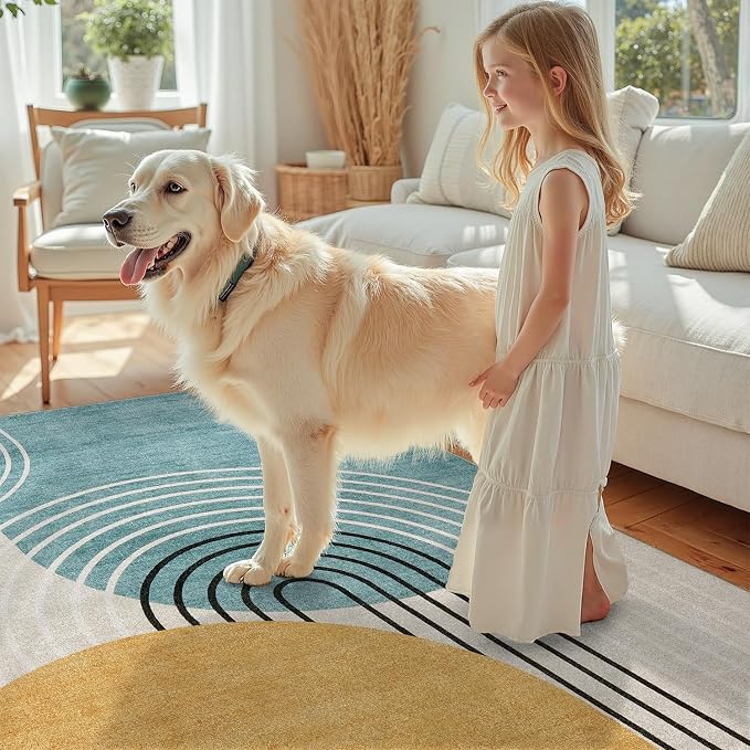 DCX Machine Washable Area Rug 4x6, Midcentury Modern Non Slip Stain Resistant Rug 4x6 for Living Room, Bedroom, Dining Room, Soft Low Pile Large Carpet, Blue & Yellow