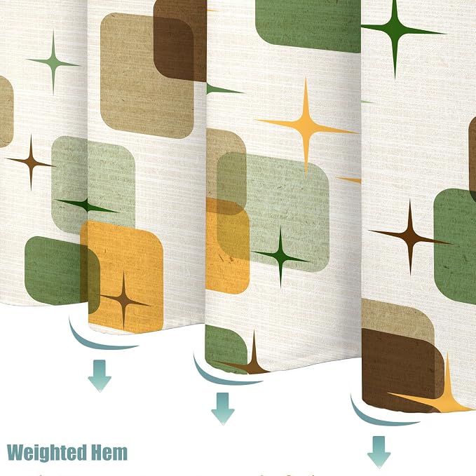 Mid-Century Modern Shower Curtain, Retro Geometric Atomic Starburst Design, Vintage 1950s Abstract Shapes Aesthetic Bathroom Decor, Waterproof Fabric, 72x72 Inch.