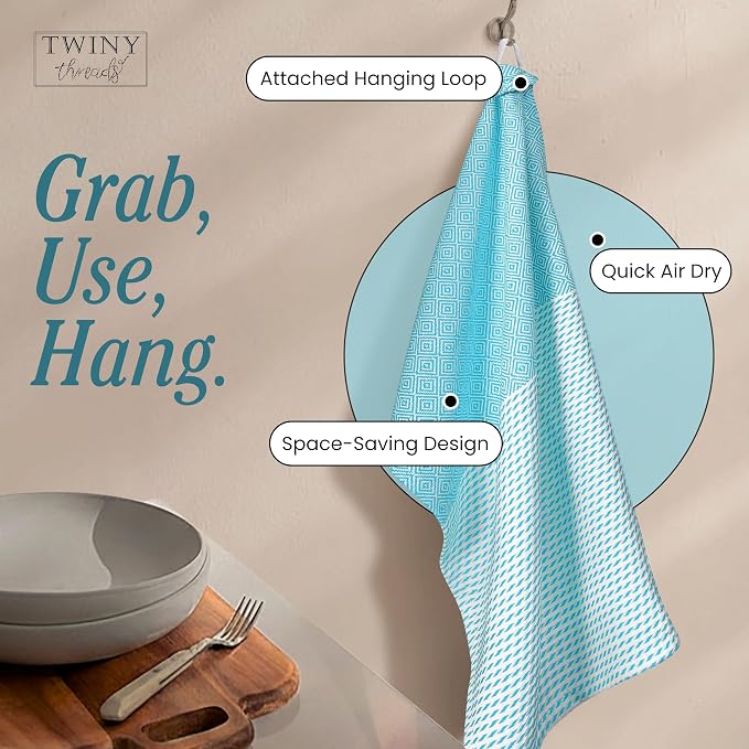 TWINY threads Kitchen Towel Diamond Design, Premium 100% Cotton Kitchen Linen Set, Large Dish Rags and Wash Rags, Absorbent Quick Drying, Washable Reusable, Pack of 4, 18"x26", Aqua Blue