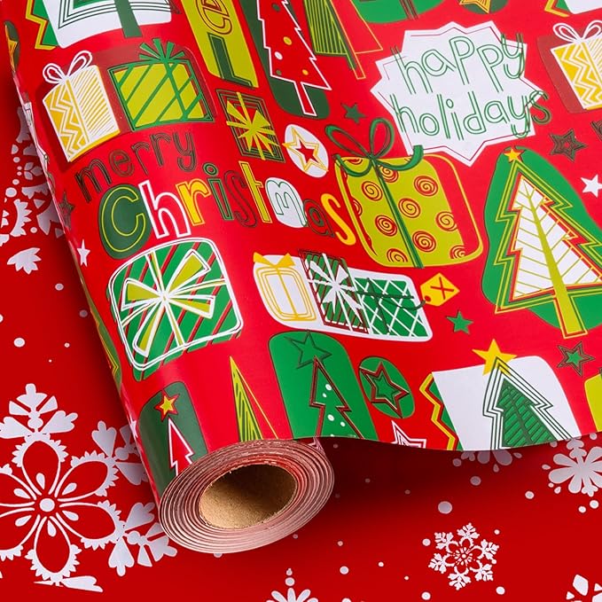 MAYPLUSS Christmas Wrapping Paper Roll, Red and Green Christmas Tree Wrapping Paper, Reversible Modern Holiday Gift Wrap with Trees Presents Snowflakes for Festive Gift Packaging (17 Inch X 33 Feet)