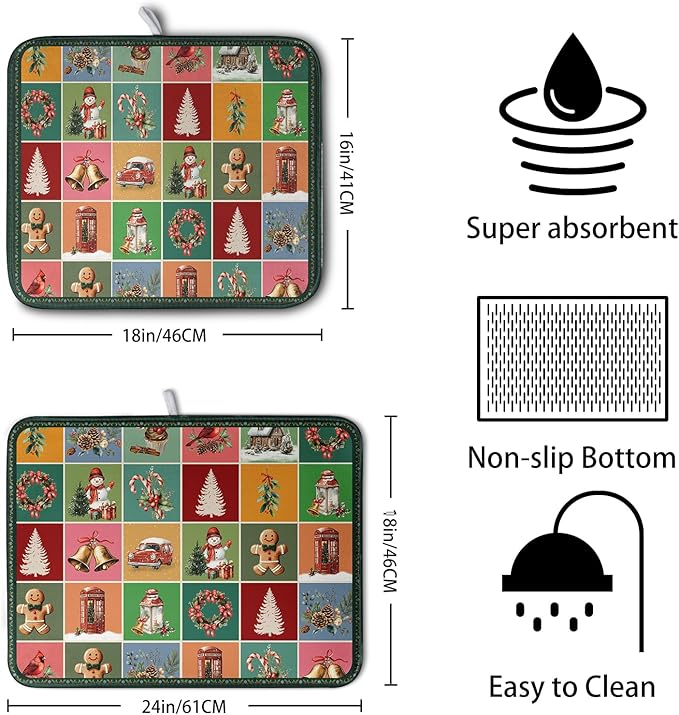 Christmas Dish Drying Mats for Kitchen Counter Cute Xmas Holiday Dish Drainer Pad Microfiber Absorbent Winter Dish Draining Mat Washable Dish Drainer Rack Mat Extra Large 18x24 Inch