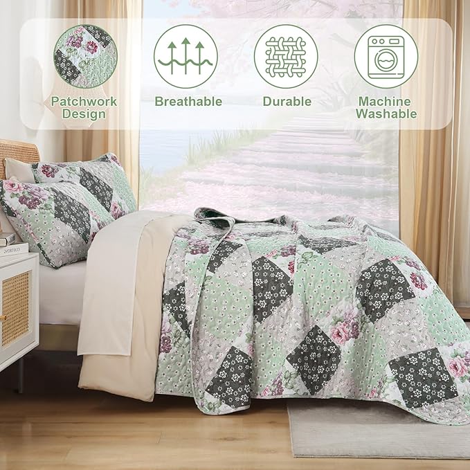 Dinjoy Green Quilt Set Queen Size, Reversible Floral Plaid Patchwork Pattern Bedding Set Soft Microfiber Lightweight Bedspread Coverlet 3 Piece Spring Summer Use (90x96 inches)