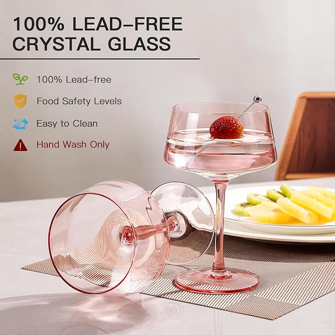JOVGANK Pink Martini Glasses Set of 6 – 13oz Lead-Free Crystal Glass, Hand-Blown Classic Champagne & Cocktail Luxury Cups, Elegant Glassware for Party Home Bar Wedding Gift for Ice Cream Dessert