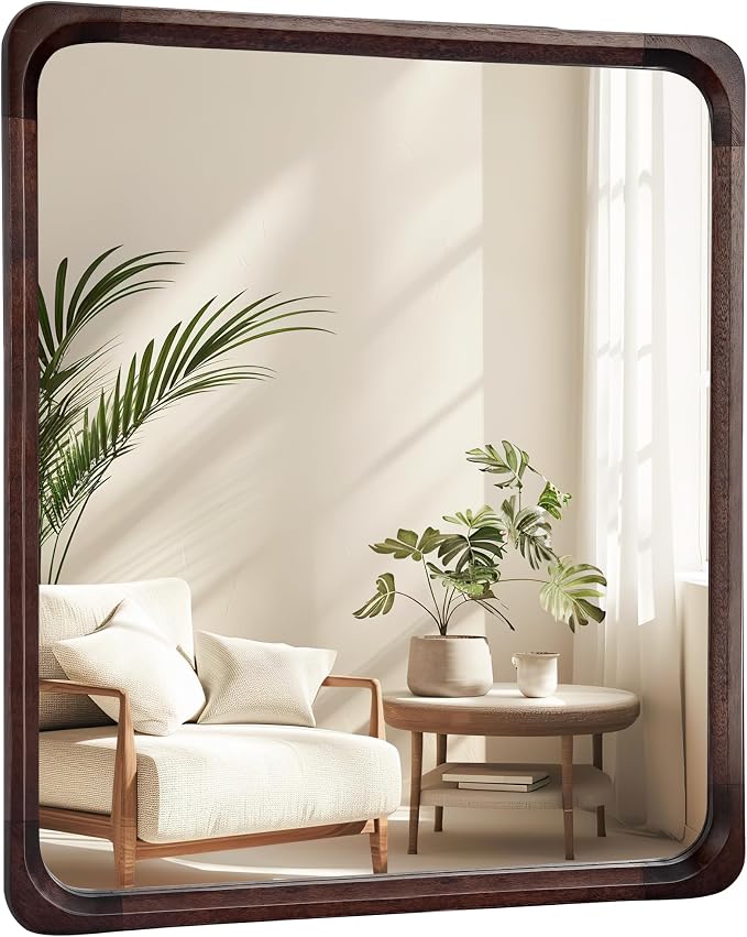 Tanmicoshomy Wood Bathroom Mirror 30 x 36 Inch, Solid Wood Framed Rectangle Mirrors with Tempered Glass for Living Room Bedroom or Entryway(Dark Brown)
