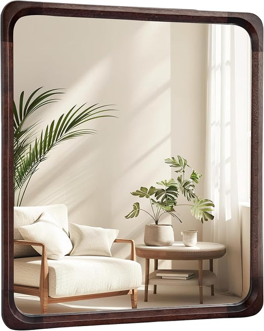 Tanmicoshomy Wood Bathroom Mirror 30 x 36 Inch, Solid Wood Framed Rectangle Mirrors with Tempered Glass for Living Room Bedroom or Entryway(Dark Brown)