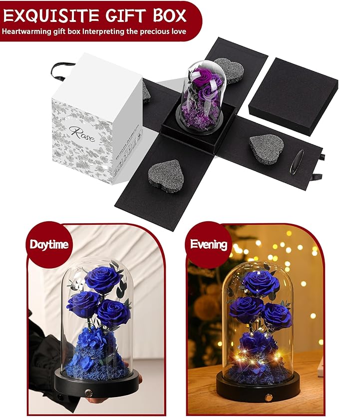 Christmas Flowers Roses Gifts for Mom,Forever Real Preserved Roses in Glass Dome,Christmas Anniversary Thanksgiving Gifts for Wife Girlfriend Women Best Friend Grandma/Blue Rose