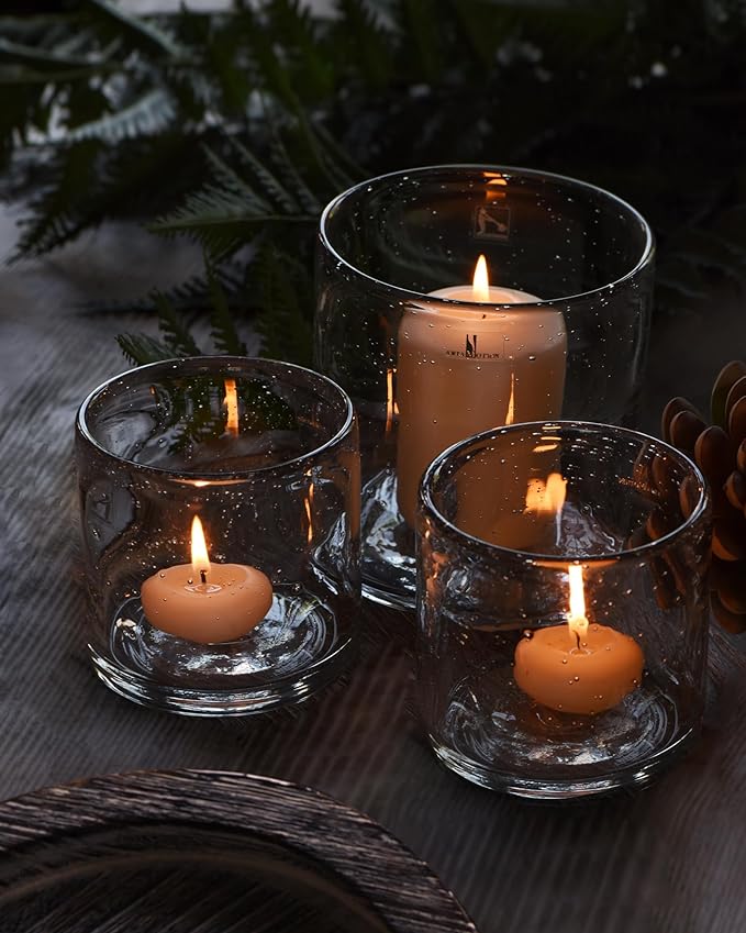 ARIAMOTION Glass Candle Holder Set 3 Clear Seeded Bubbles Modern Farmhouse Centerpieces Coffee Table Rustic Hurricane Cylinders Pillar Votive Tealight